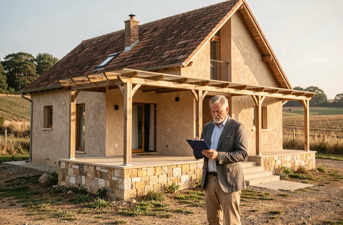 Maison individuelle de style régional landais construite par Jean Bordes Constructions avec pergola en bois et base en pierre
