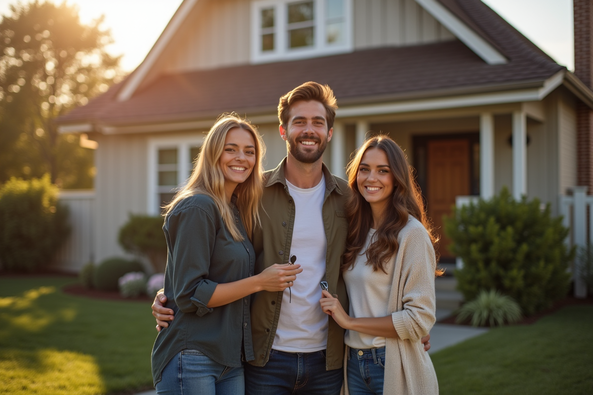 Jeune couple souriant avec agent immobilier devant maison ancienne