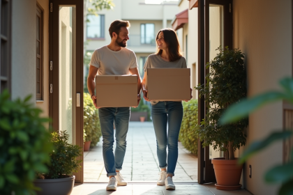 Jeune couple déménageant dans un appartement en extérieur