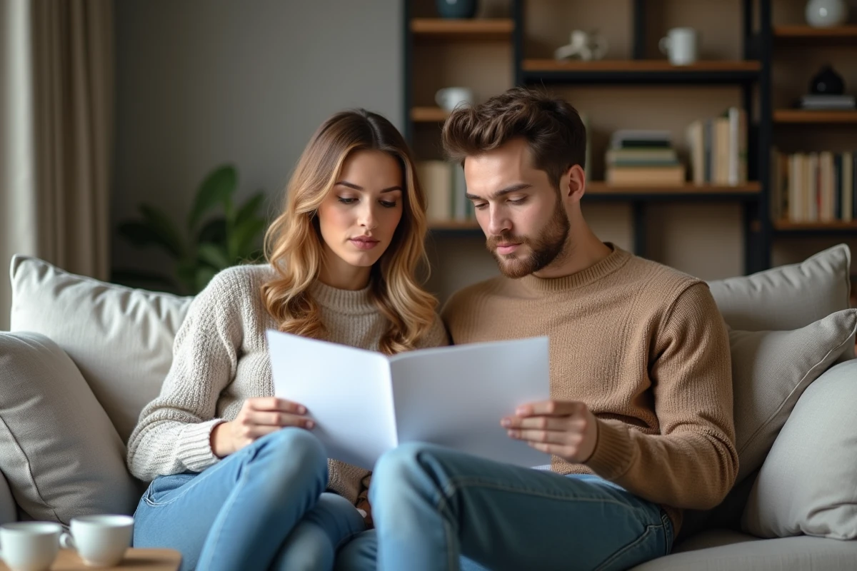 Jeune couple examinant des documents dans leur salon cosy