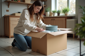 Jeune femme emballant des assiettes dans une cuisine urbaine