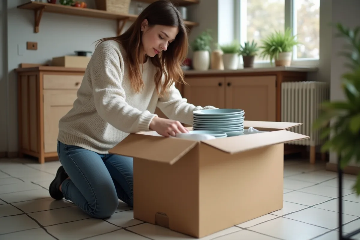 Jeune femme emballant des assiettes dans une cuisine urbaine