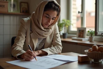 Jeune femme examine des documents immobiliers dans un intérieur marocain