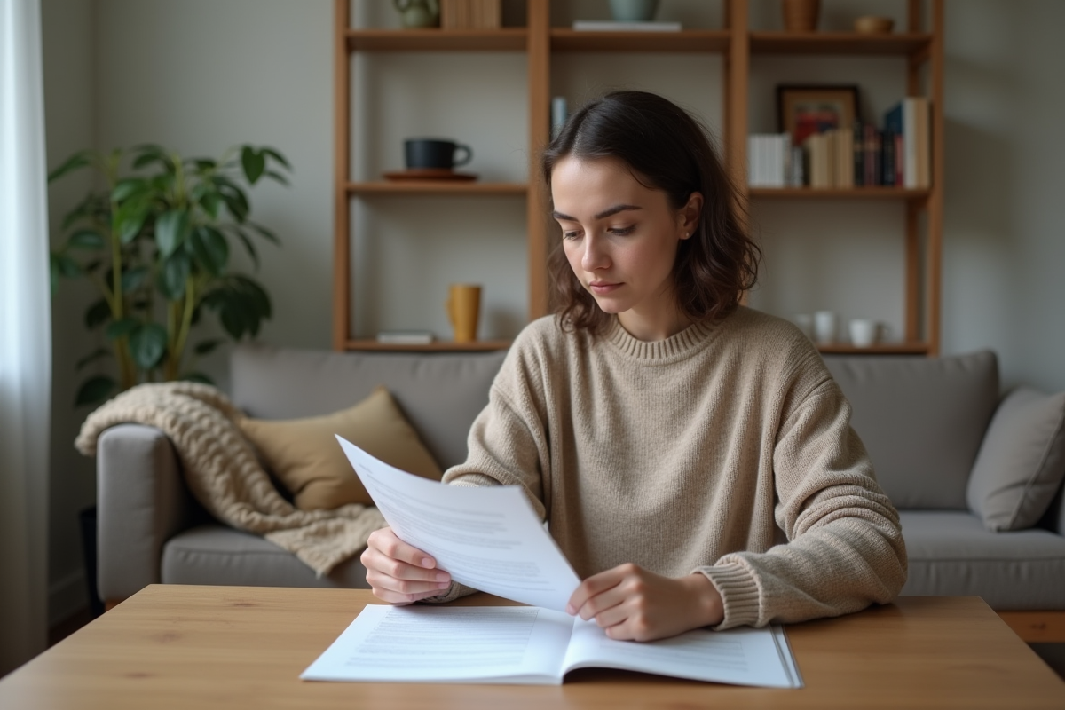 Jeune femme lisant des papiers de location dans un appartement