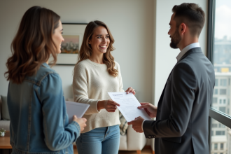 Jeune femme souriante remettant un dossier de location à un agent immobilier