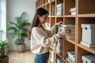 Jeune femme organisant des livres dans un appartement moderne