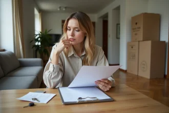 Jeune femme organisée avec documents dans un appartement