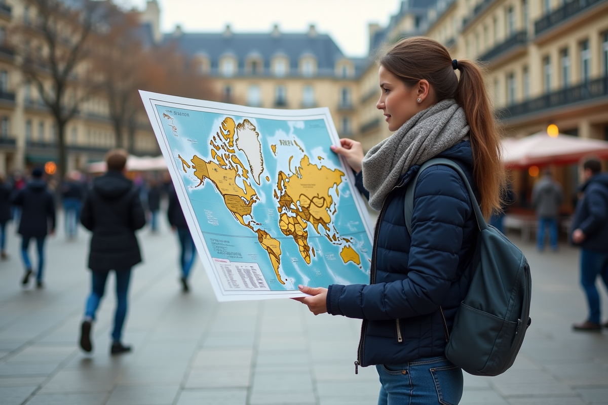 Jeune femme examinant une carte de Paris dans une place