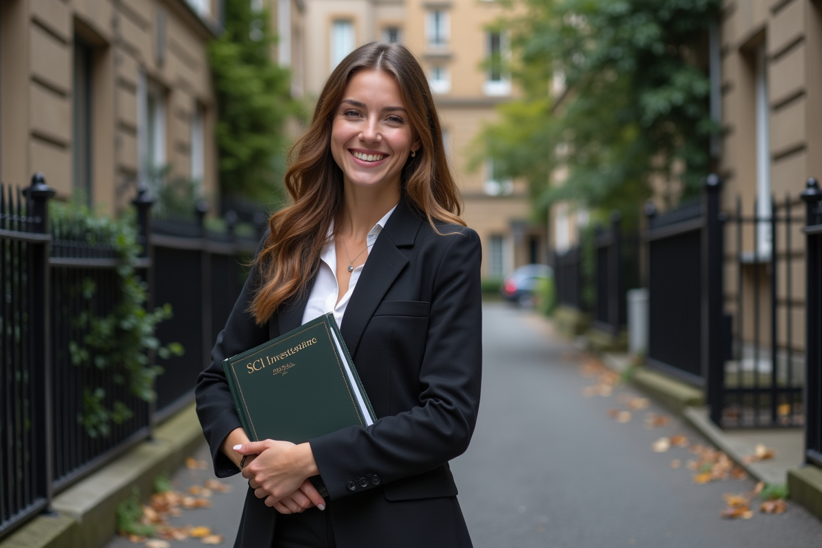 Jeune femme souriante devant une maison en banlieue