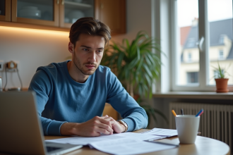 Jeune locataire français concentré sur un avis dans sa cuisine