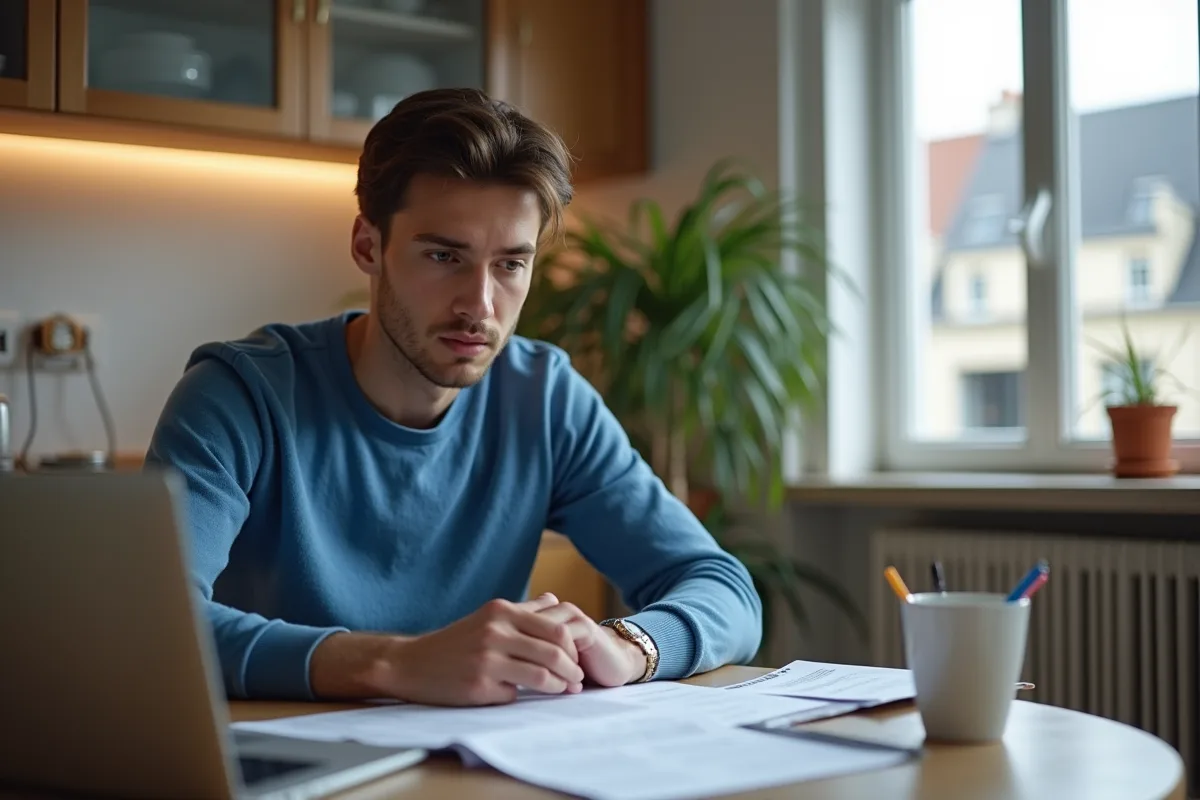 Jeune locataire français concentré sur un avis dans sa cuisine