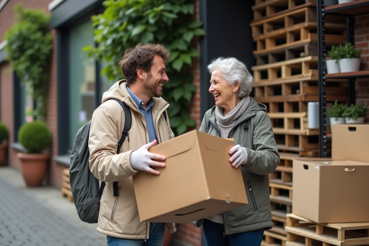 Jeune homme et femme âgée récupérant cartons recyclés