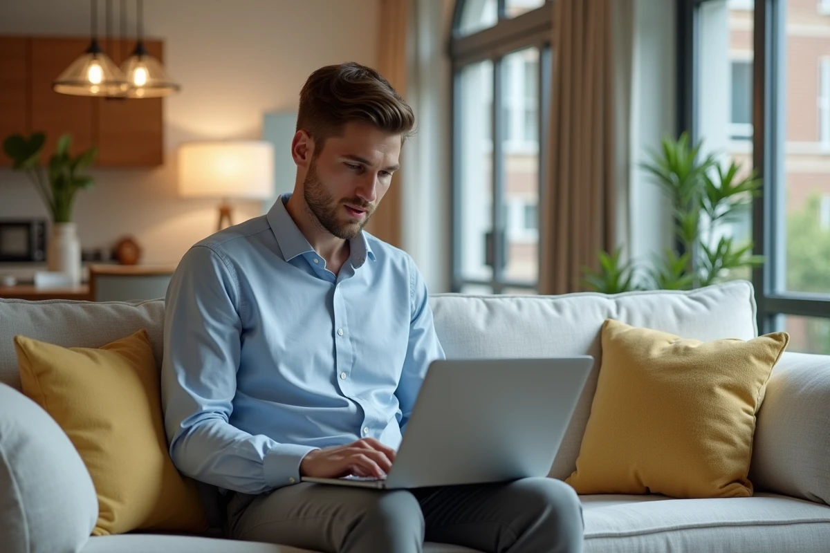 Jeune homme utilisant un ordinateur pour calculer le loyer dans un salon