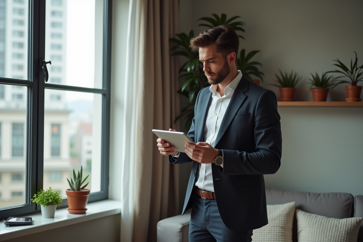 Jeune homme vérifiant une checklist sur une tablette dans un salon