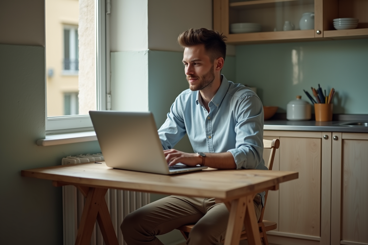 Jeune homme travaillant sur son ordinateur dans cuisine