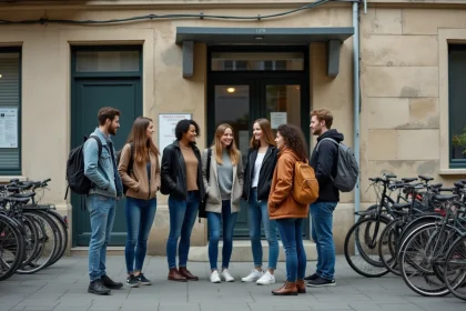 Groupe d'étudiants divers devant un immeuble à La Roche-sur-Yon
