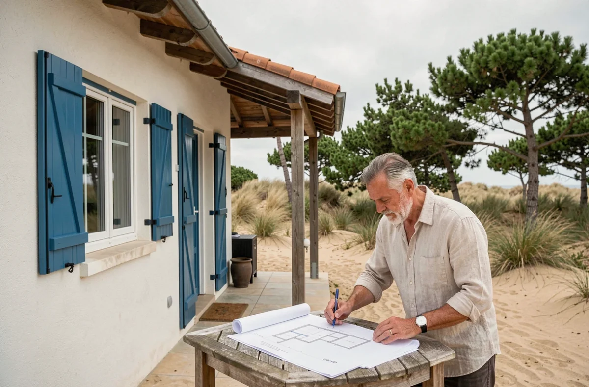 Maison de style côtier construite par Landes Habitat près de Vieux-Boucau-les-Bains avec vue sur la végétation dunaire
