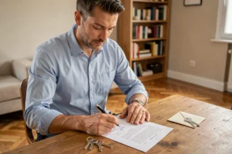 Locataire lisant un contrat de location avec dépôt de garantie d'un mois de loyer posé sur un bureau en bois