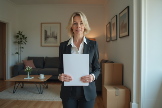 Femme propriétaire dans un appartement moderne avec dossiers