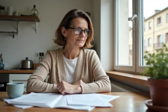 Locataire HLM examinant ses quittances de loyer et justificatifs pour contester un surloyer abusif