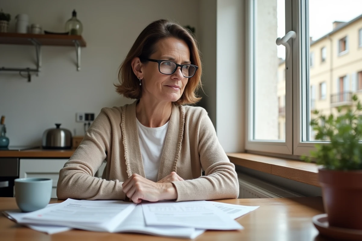 Locataire HLM examinant ses quittances de loyer et justificatifs pour contester un surloyer abusif