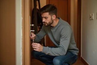 Locataire examinant la serrure de la porte d'un appartement meublé, clé en main dans un couloir intérieur