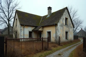 Maison abandonnée en pierre dans un village français avec jardin envahi et portail rouillé, typique des annonces de maison à donner