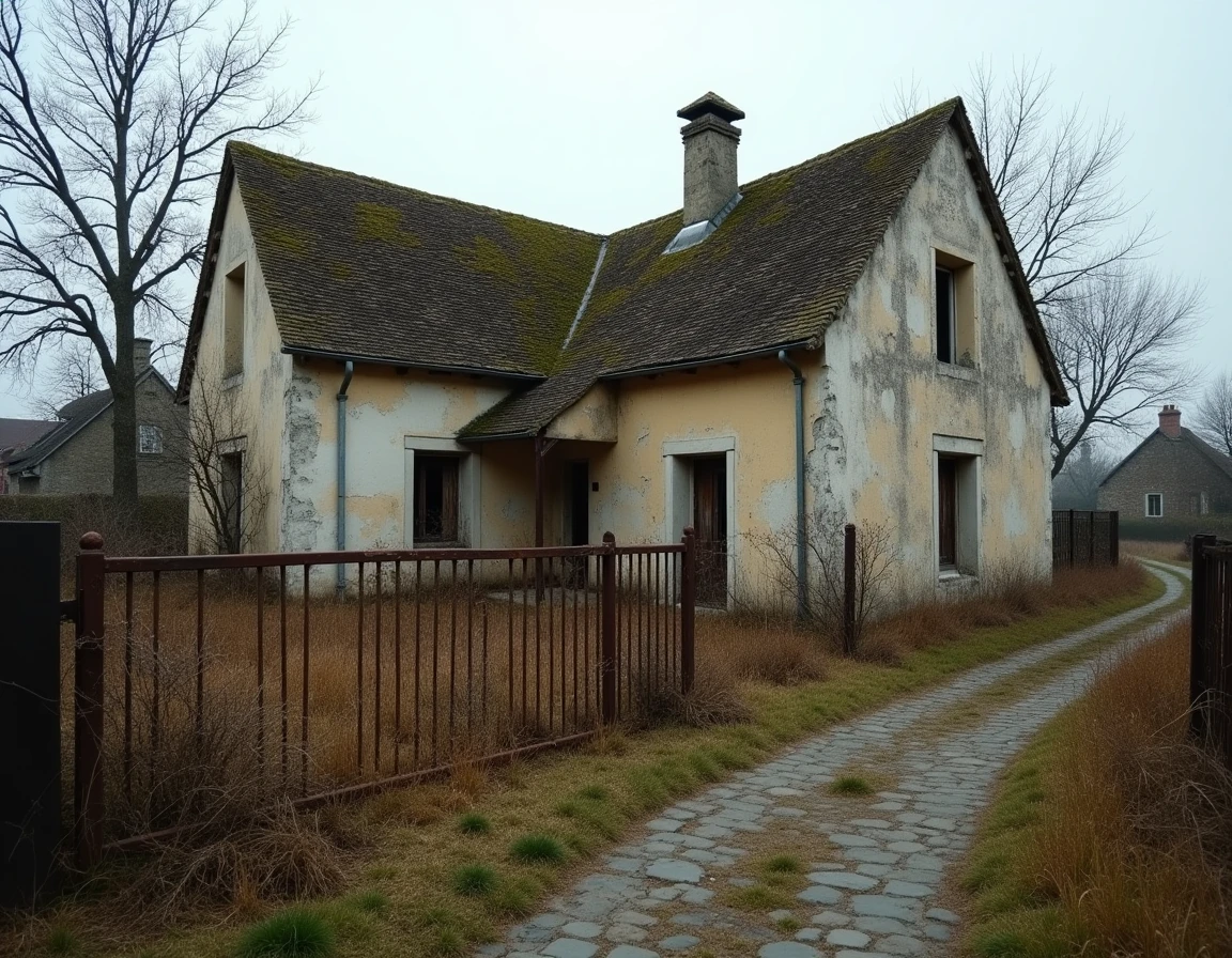Maison abandonnée en pierre dans un village français avec jardin envahi et portail rouillé, typique des annonces de maison à donner