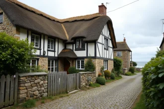 Maison normande en pierre avec jardin face à la mer dans un village côtier, panneau à vendre visible