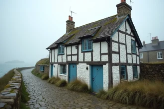 Maison de pêcheur traditionnelle en pierre et colombages normands dans un village côtier de Normandie, avec toit en ardoise et porte bleue patinée