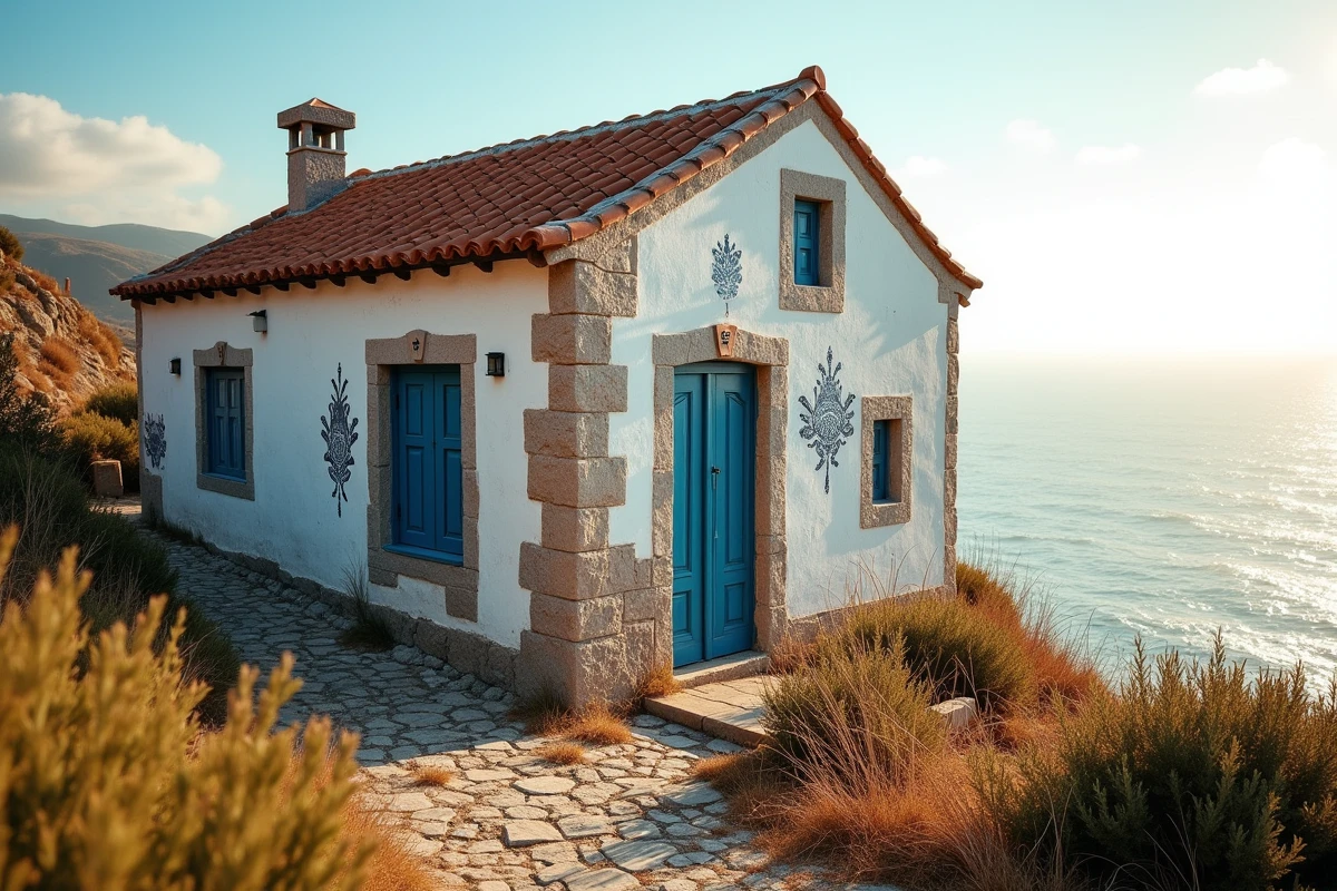 Petite maison de pêcheur portugaise à vendre avec vue sur l'océan Atlantique, façade blanchie à la chaux et tuiles azulejos bleues sur une colline côtière