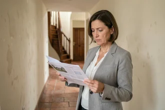 Femme tenant des documents immobiliers dans le couloir d'une maison à vendre dans l'Oise lors d'un divorce urgent