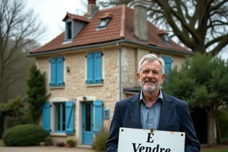 Maison en pierre à vendre en Pays de la Loire avec panneau à vendre, jardin négligé et volets bleus, opportunité immobilière cause divorce