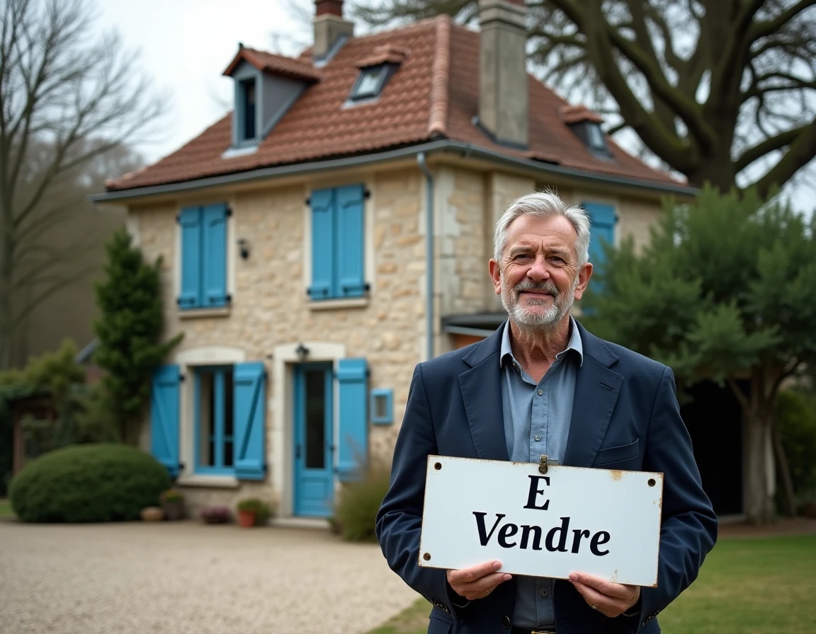 Maison en pierre à vendre en Pays de la Loire avec panneau à vendre, jardin négligé et volets bleus, opportunité immobilière cause divorce