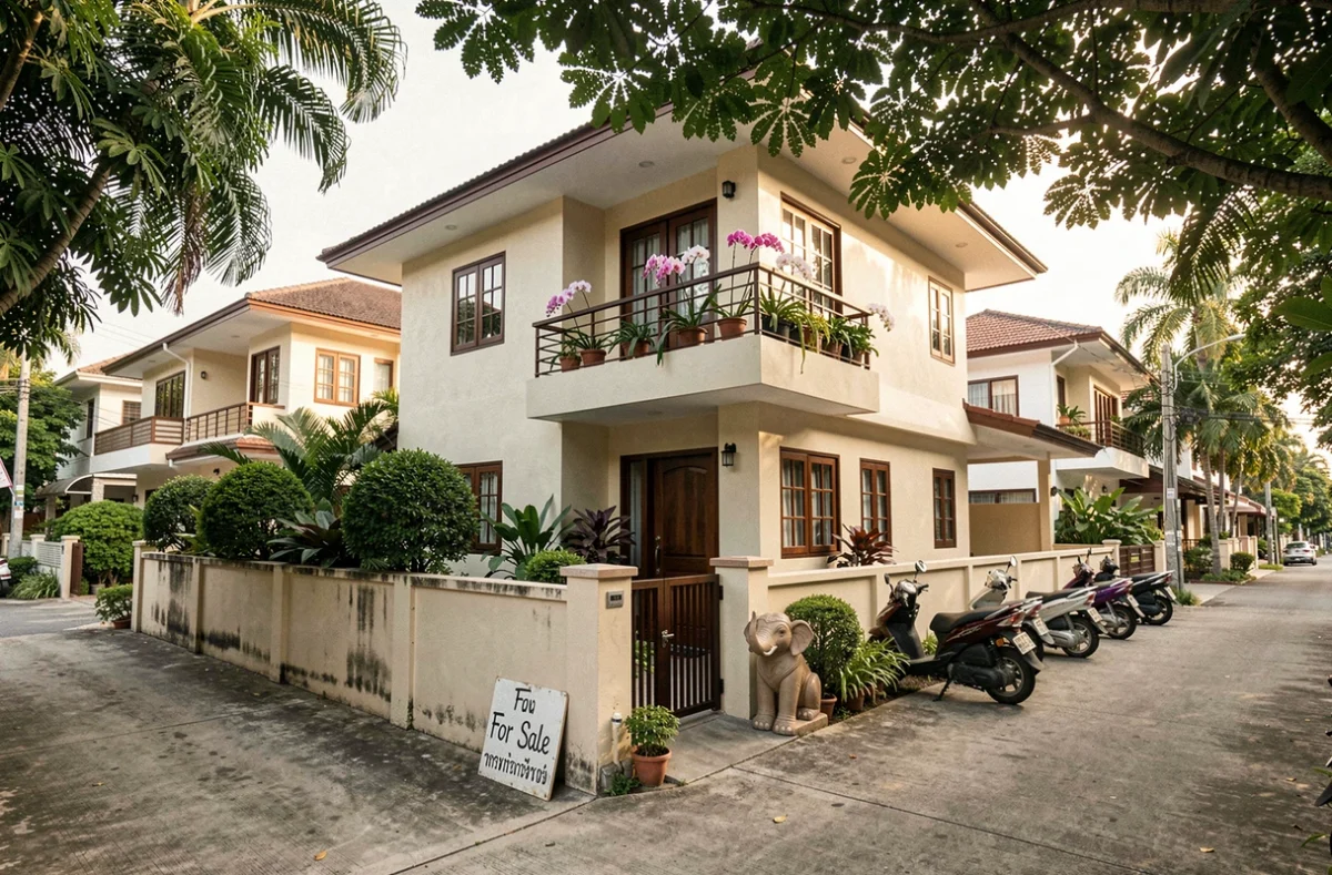 Maison abordable à vendre en Thaïlande avec panneau de vente bilingue dans un quartier résidentiel calme de Hua Hin