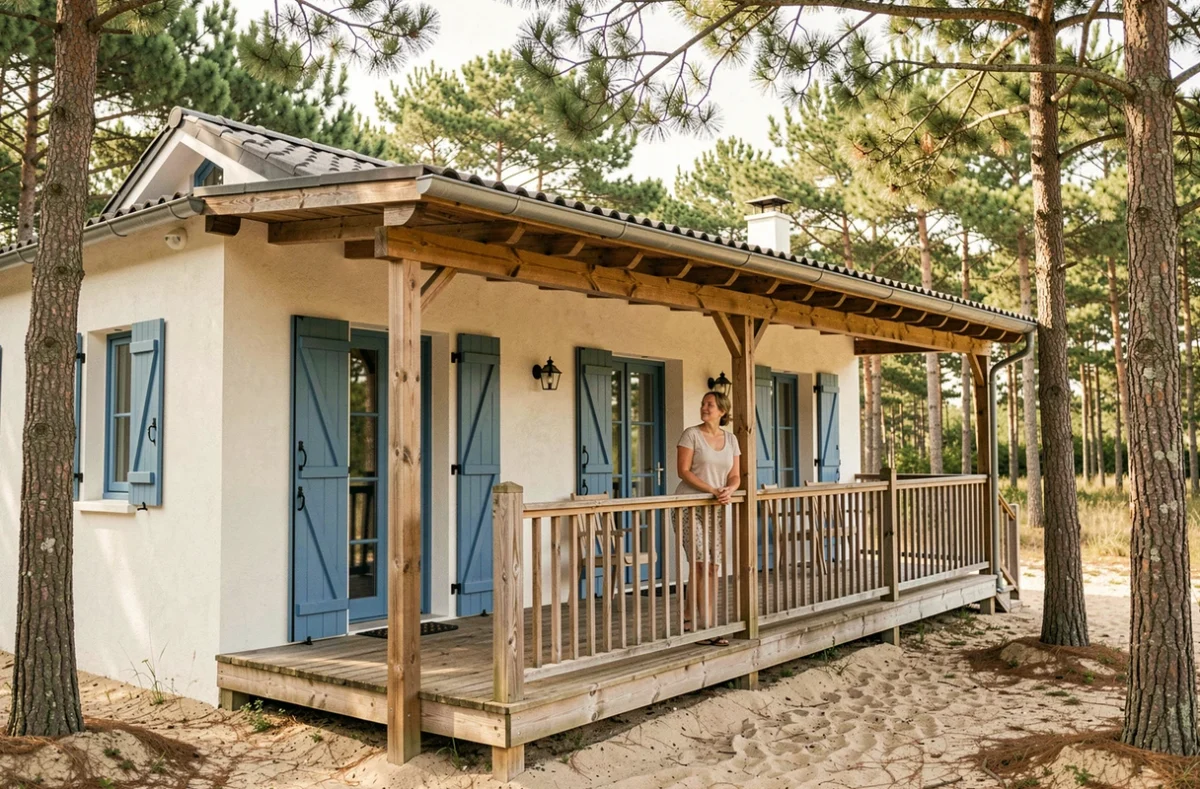 Maison de style côte atlantique avec volets bleus et terrasse en bois construite par Maisons de la Côte Atlantique dans les Landes