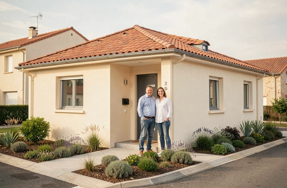 Maison individuelle construite par Maisons MCA à Saint-Paul-lès-Dax avec couple de propriétaires devant l'entrée