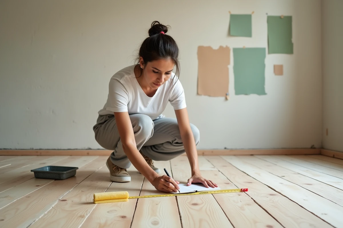 Femme mesurant la surface d'un parquet en bois brut dans un appartement en rénovation pour estimer la quantité de matériaux nécessaires