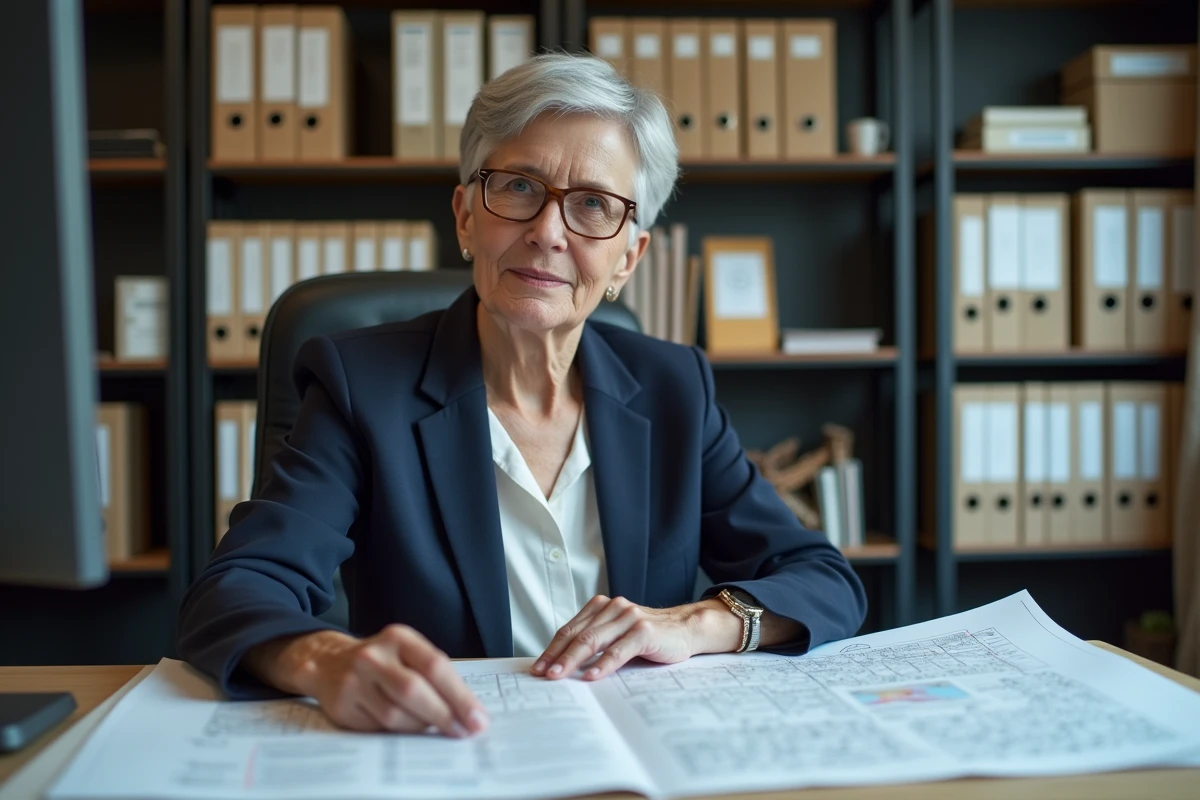 Notaire consultant un plan cadastral pour identifier le propriétaire d'un terrain vague ou abandonné