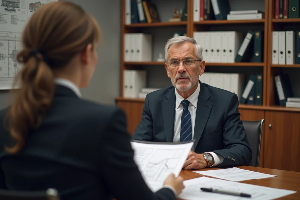 Notaire en costume discutant de plans avec une cliente