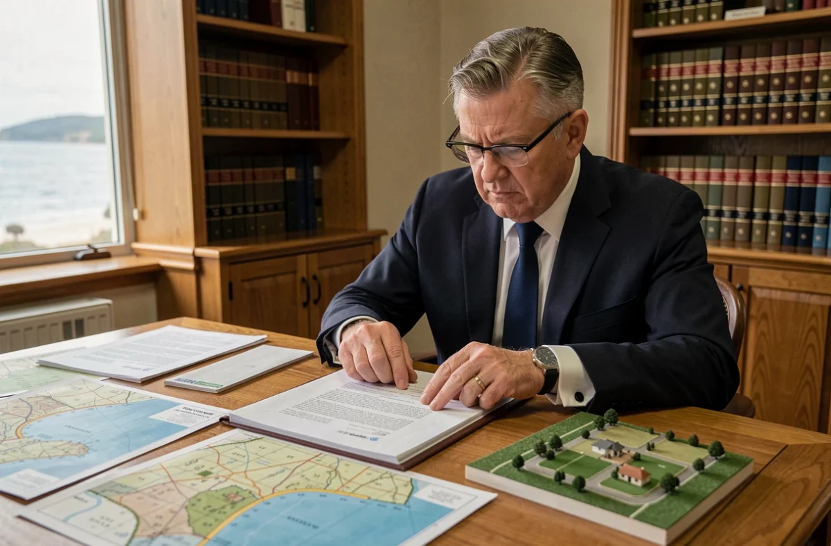 Notaire examinant des documents juridiques et plans cadastraux pour un terrain en bord de mer