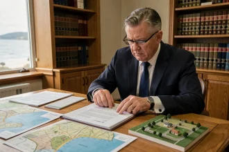 Notaire examinant des documents juridiques et plans cadastraux pour un terrain en bord de mer