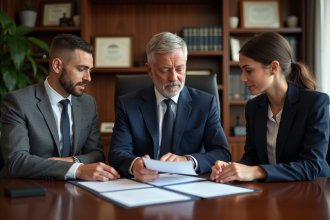 Notaire en costume expliquant un document à un couple