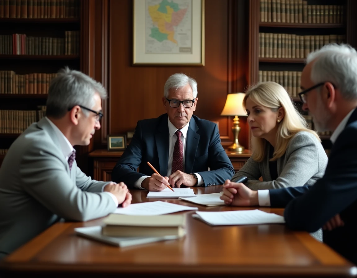 Réunion chez le notaire pour la vente d'une maison lors d'un divorce en Loire-Atlantique, couple tendu face au notaire avec documents immobiliers