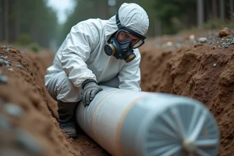 Ouvrier en combinaison de protection blanche enveloppant une conduite en fibrociment dans une tranchée lors de travaux de désamiantage