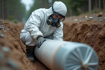 Ouvrier en combinaison de protection blanche enveloppant une conduite en fibrociment dans une tranchée lors de travaux de désamiantage