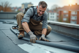 Ouvrier couvreur appliquant une membrane d'étanchéité sur un toit plat urbain