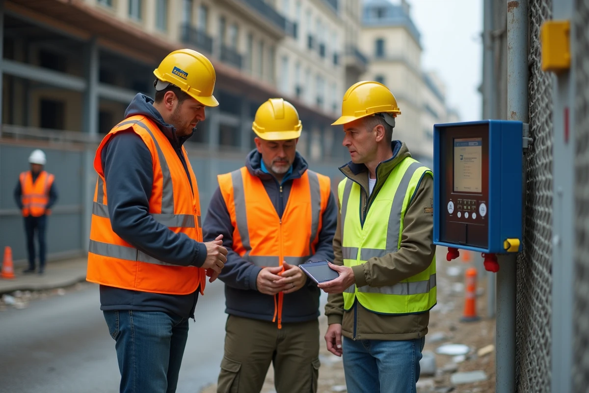 Groupe d'ouvriers de chantier utilisant un terminal de contrôle d'accès numérique devant une barrière de chantier à Paris