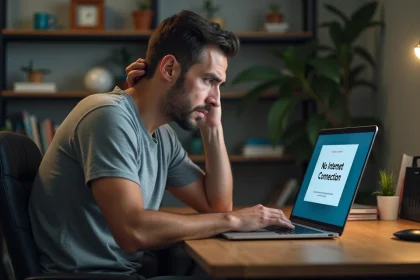 Homme frustré devant son ordinateur portable affichant une erreur de connexion internet à domicile
