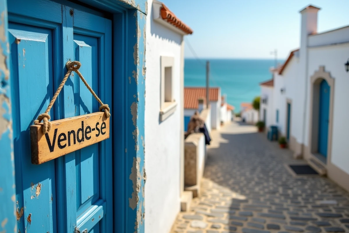 Panneau vente maison de pêcheur dans un village côtier du Portugal avec vue sur la mer au bout de la ruelle pavée